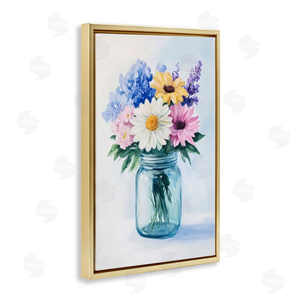 Petal Prints Design Country Jar Wildflower Bouquet Gold Floating Frame Canvas Wall Art Print