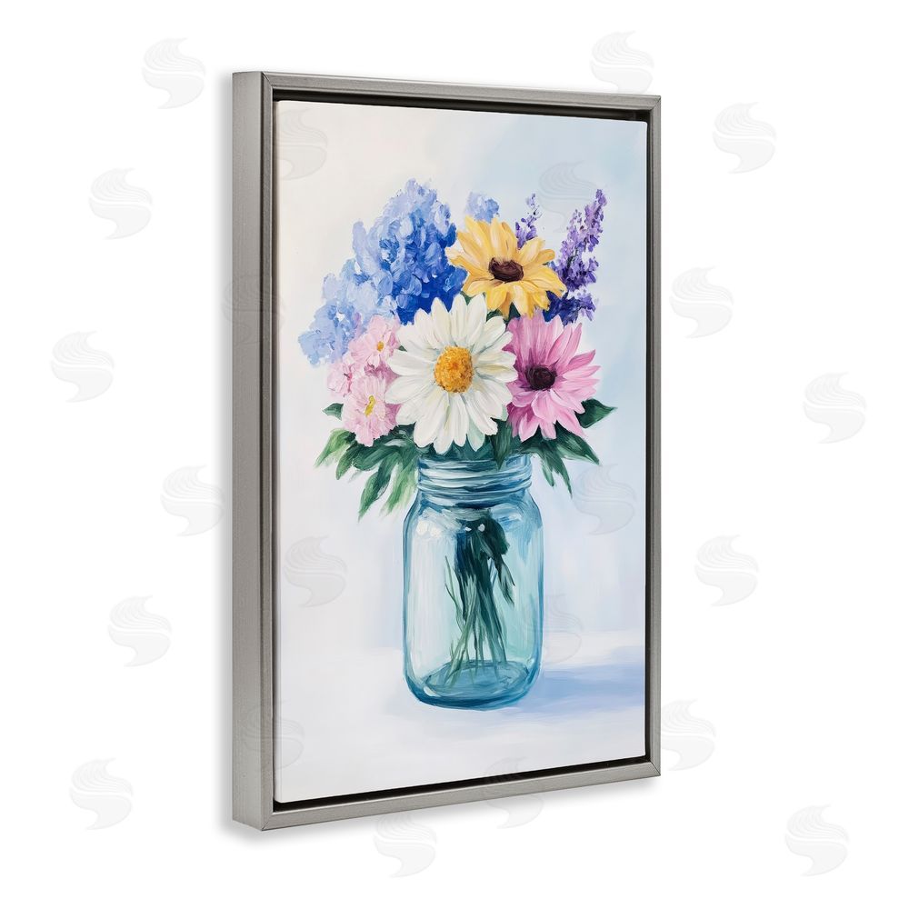 Petal Prints Design Country Jar Wildflower Bouquet Gray Floating Frame Canvas Wall Art Print
