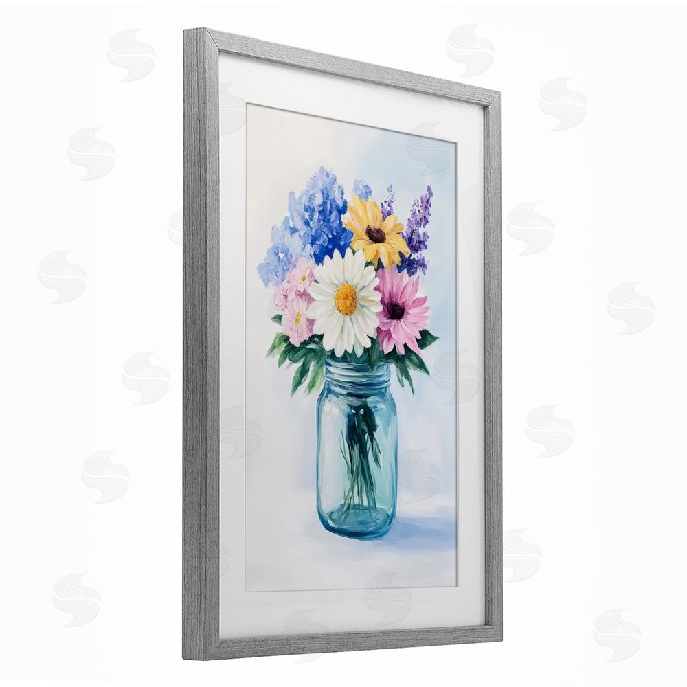 Petal Prints Design Country Jar Wildflower Bouquet Gray Framed Print Under Glass Wall Art