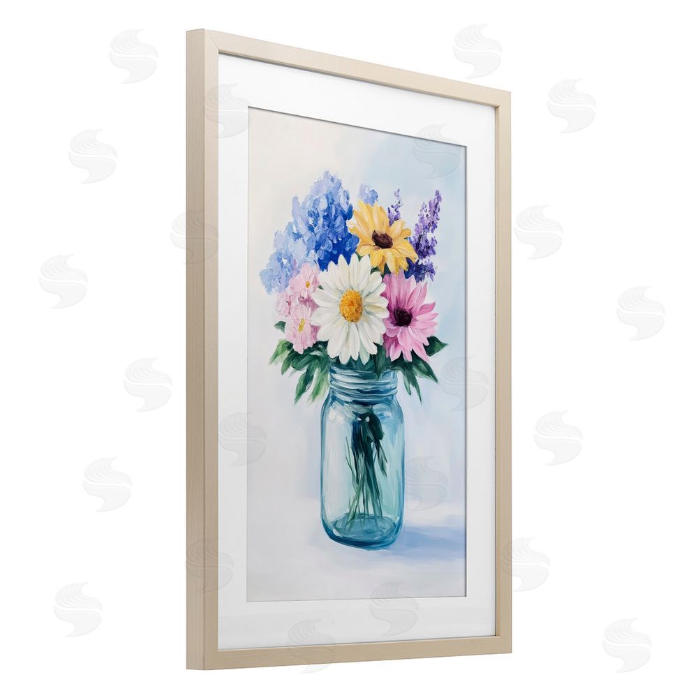 Petal Prints Design Country Jar Wildflower Bouquet Brown Framed Print Under Glass Wall Art