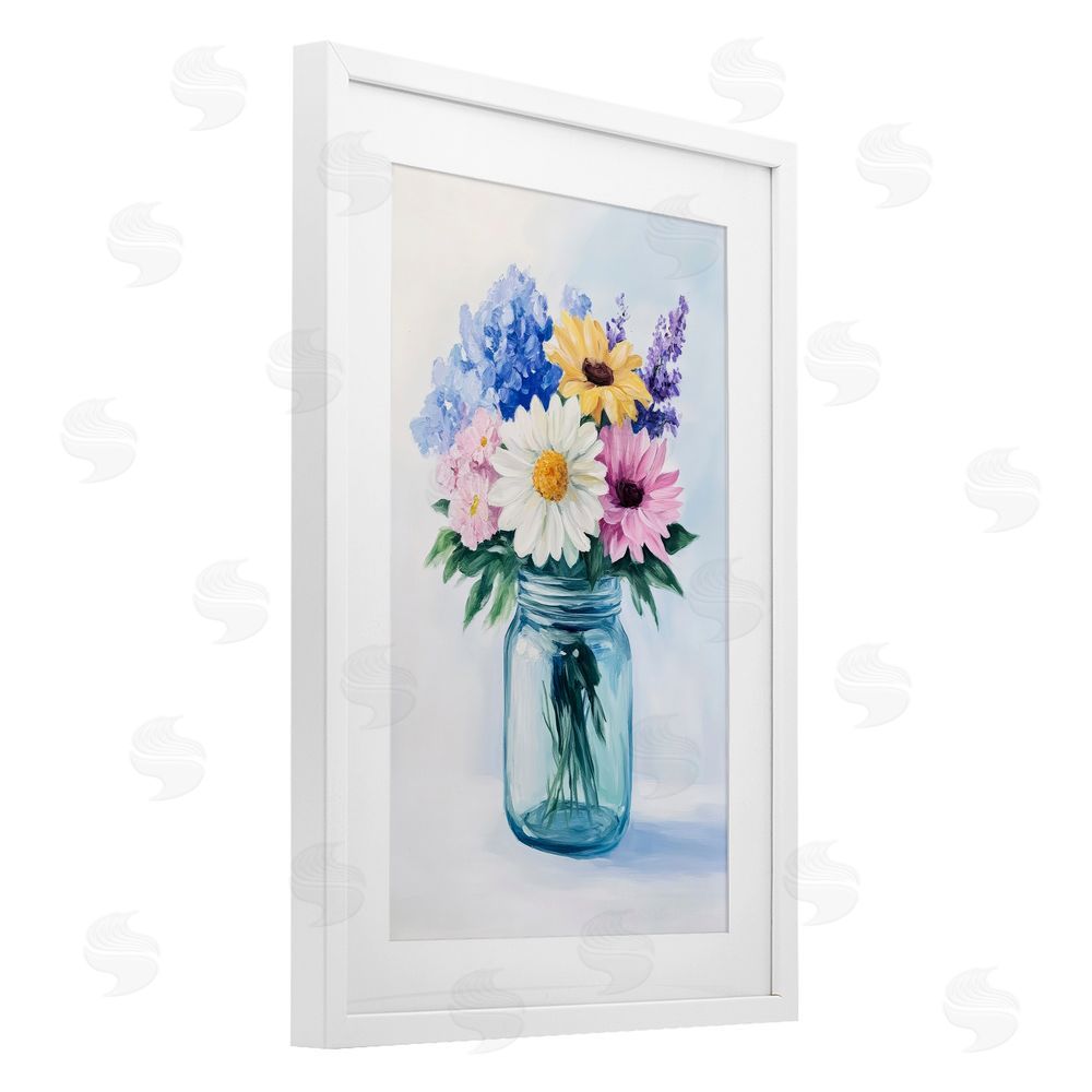 Petal Prints Design Country Jar Wildflower Bouquet White Framed Print Under Glass Wall Art