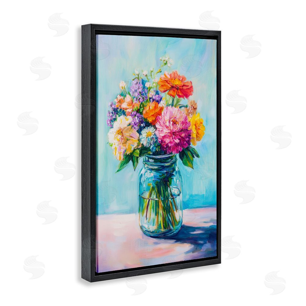 Petal Prints Design Vibrant Country Jar Bouquet Black Floating Framed Canvas Wall Art Print