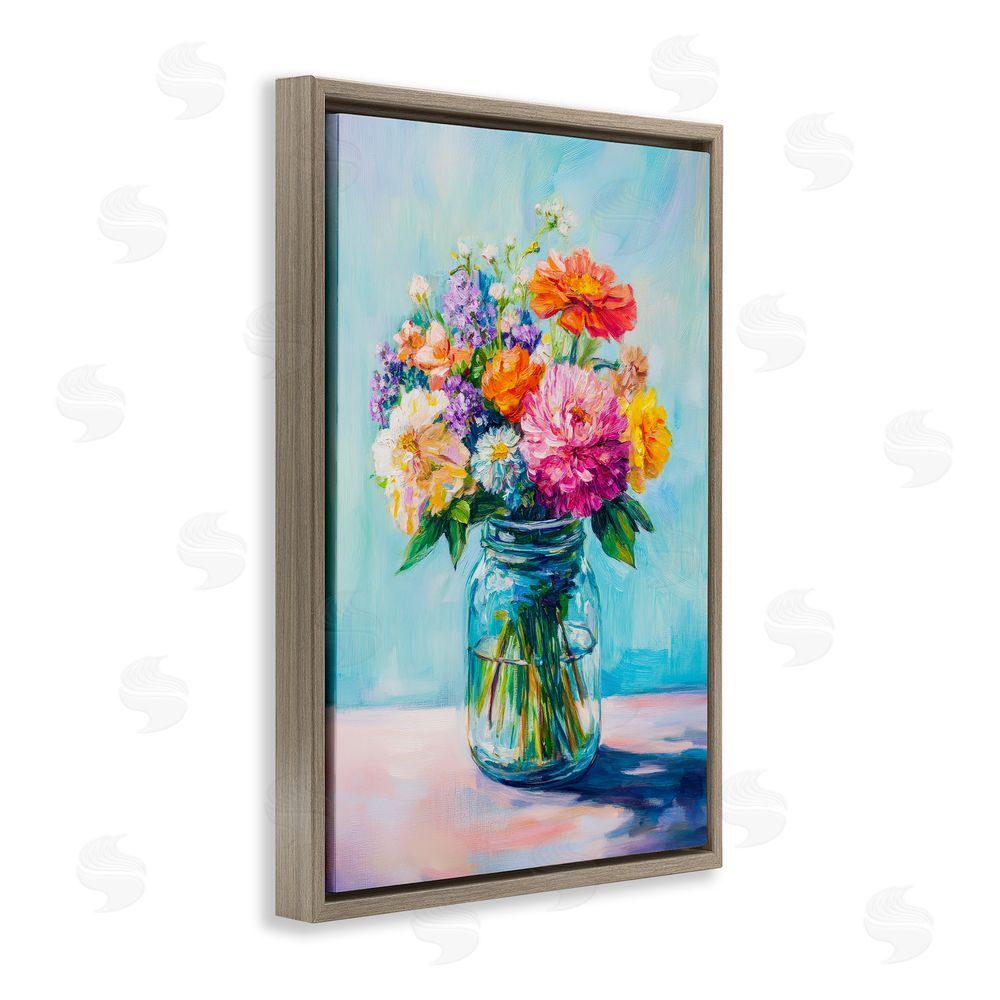 Petal Prints Design Vibrant Country Jar Bouquet Brown Floating Framed Canvas Wall Art Print