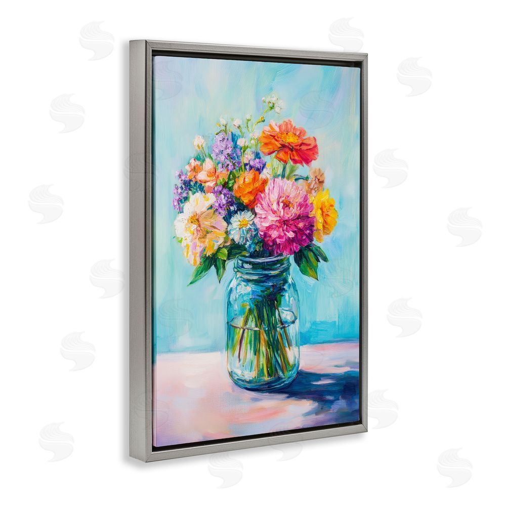 Petal Prints Design Vibrant Country Jar Bouquet Gray Floating Framed Canvas Wall Art Print