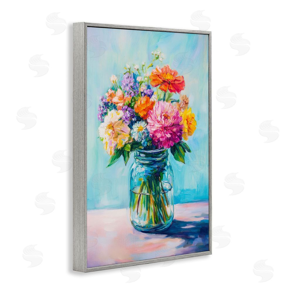 Petal Prints Design Vibrant Country Jar Bouquet Gray Framed Giclee Wall Art Print