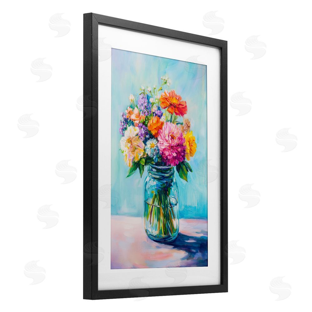 Petal Prints Design Vibrant Country Jar Bouquet Black Framed Print Under Glass with White Mat Wall Art