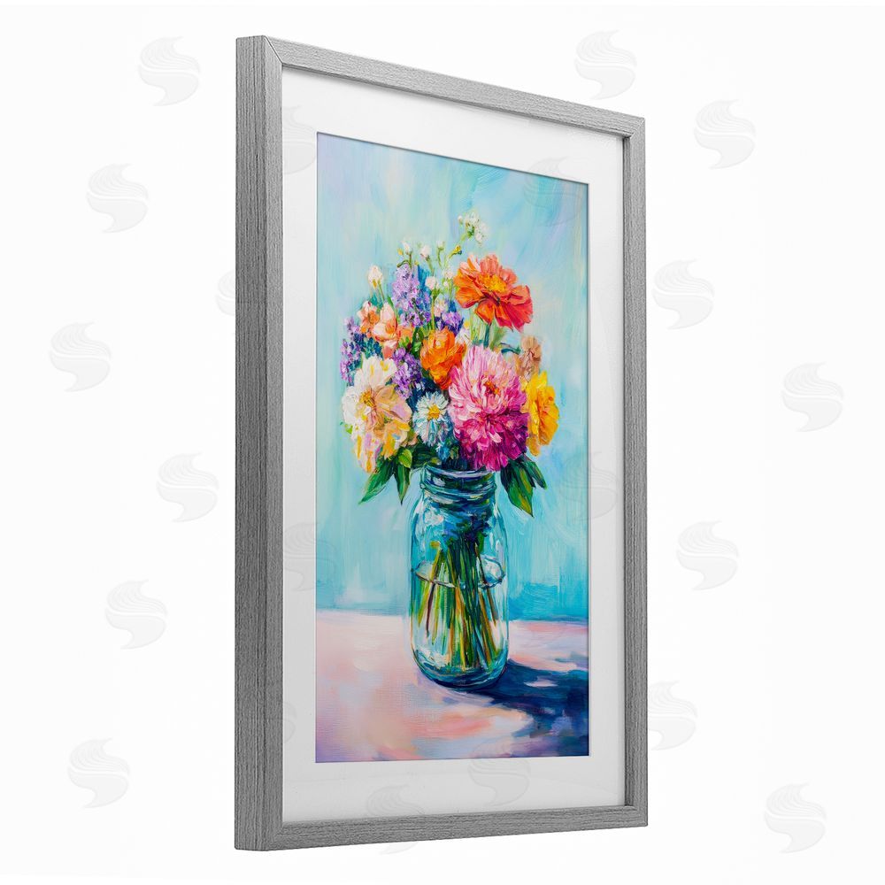Petal Prints Design Vibrant Country Jar Bouquet Gray Framed Print Under Glass with White Mat Wall Art