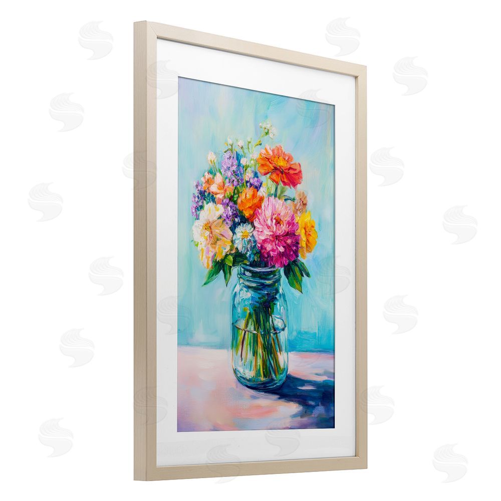 Petal Prints Design Vibrant Country Jar Bouquet Brown Framed Print Under Glass with White Mat Wall Art