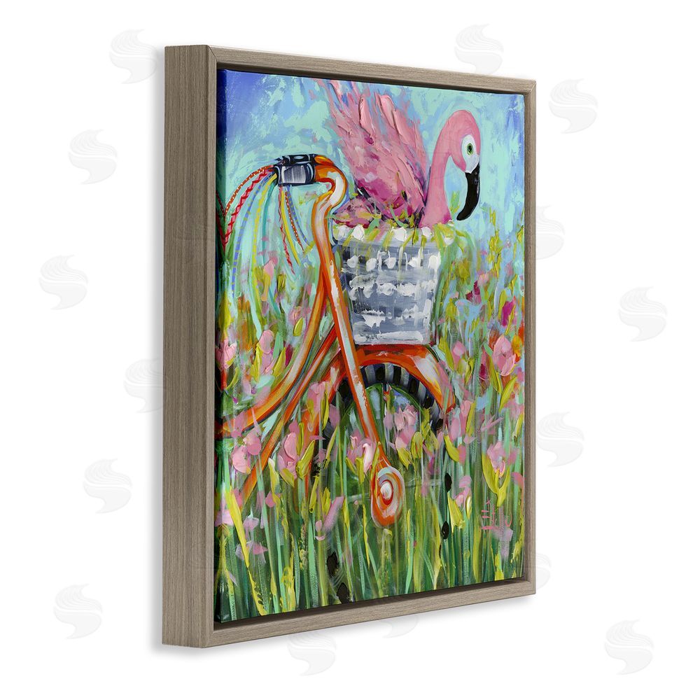 Estelle Grengs Flamingo's Free Bicycle Ride Brown Floating Framed Canvas Wall Art