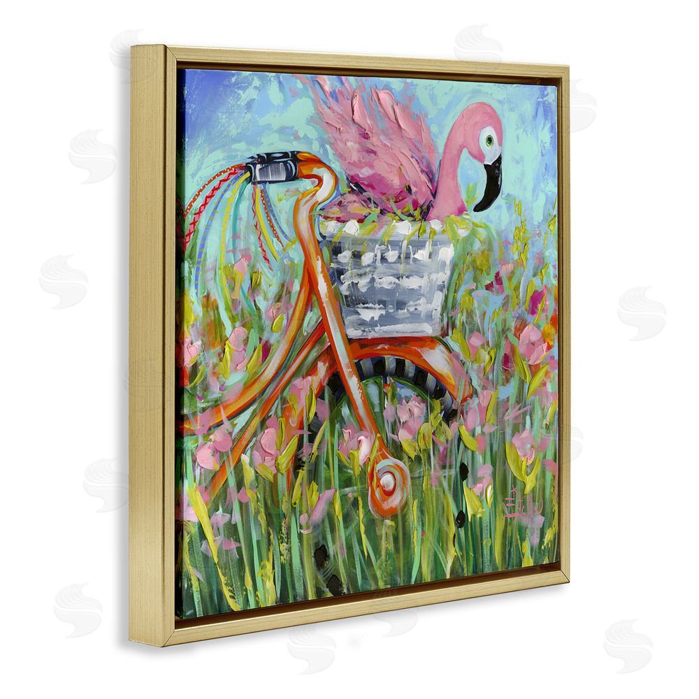 Estelle Grengs Flamingo's Free Bicycle Ride Gold Floating Framed Canvas Wall Art