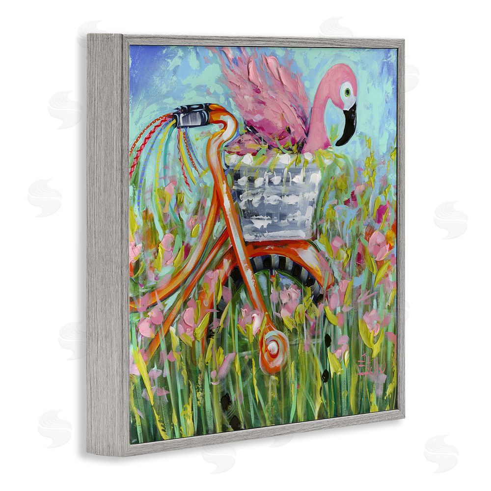 Estelle Grengs Flamingo's Free Bicycle Ride Gray Framed Giclee Wall Art