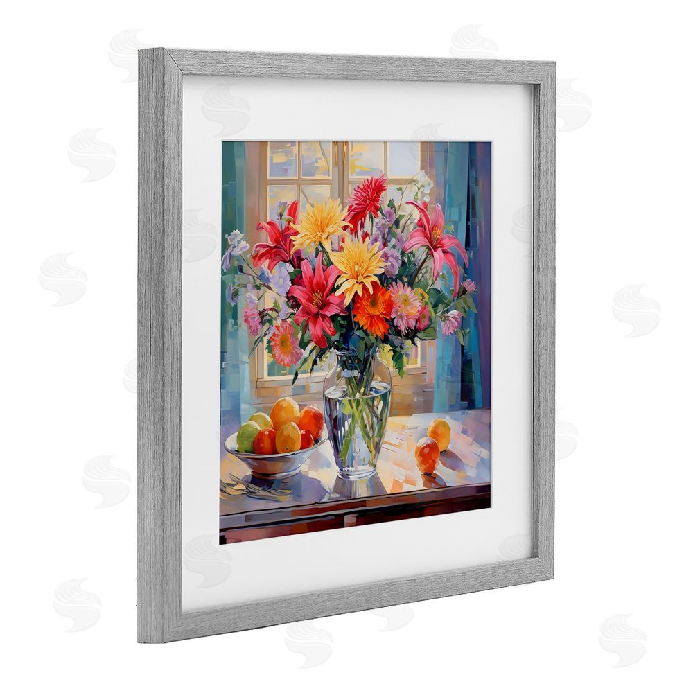 Creative Studio Summer Flowers & Fruit Gray Framed Print Under Glass with White Mat Wall Art