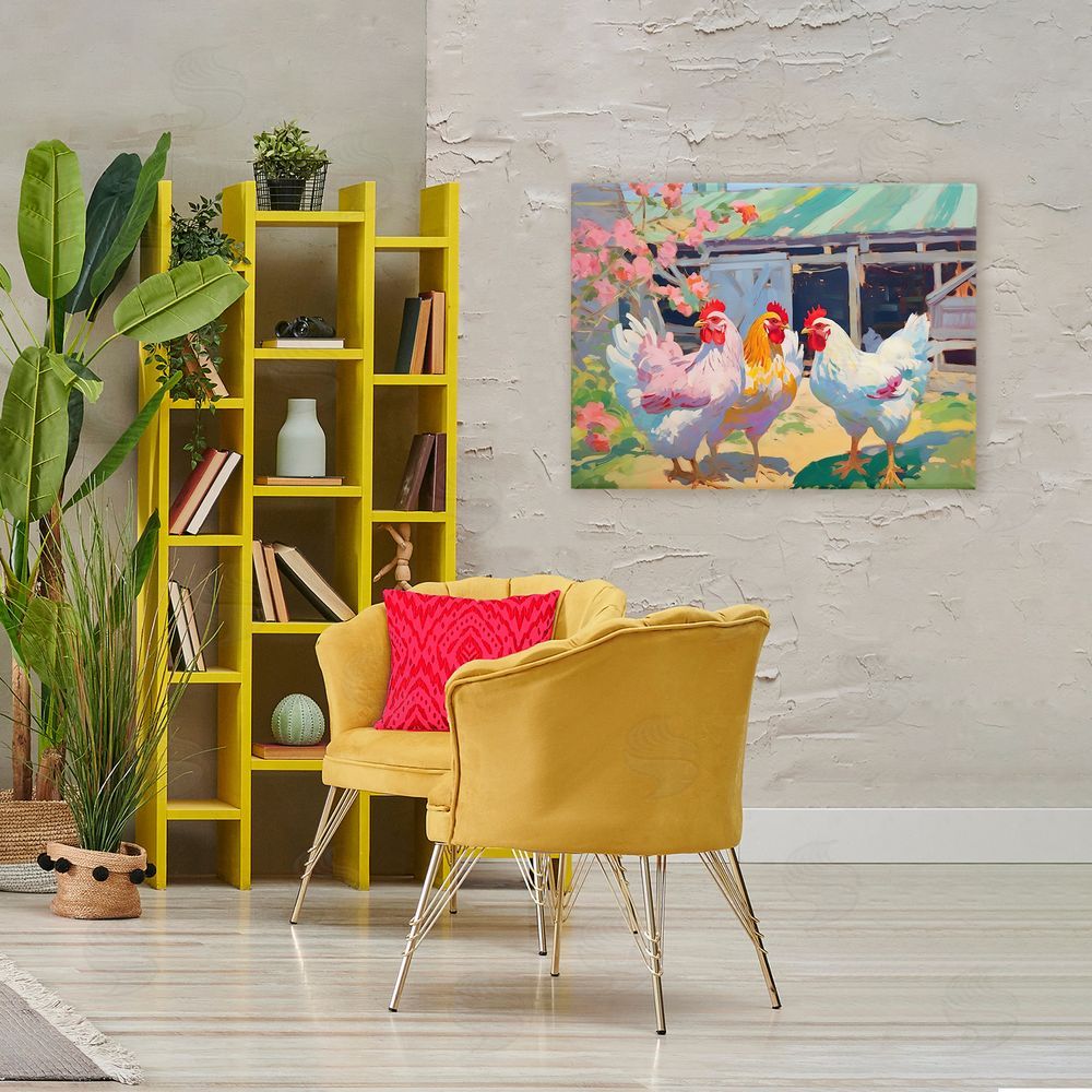 Creative Studio Colorful Chickens in Sunlit Yard Stretched Canvas Wall Art in Room