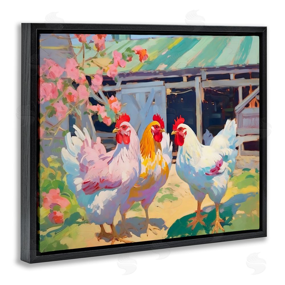 Creative Studio Colorful Chickens in Sunlit Yard Black Floating Frame Canvas Wall Art Print