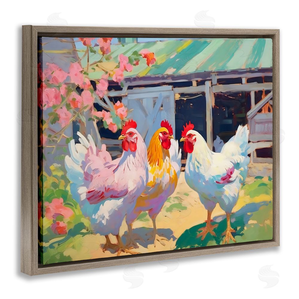 Creative Studio Colorful Chickens in Sunlit Yard Brown Floating Frame Canvas Wall Art Print
