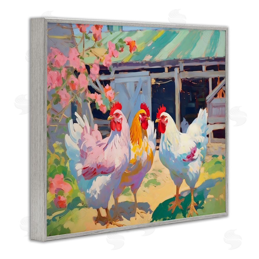 Creative Studio Colorful Chickens in Sunlit Yard Gray Framed Giclee Wall Art Print