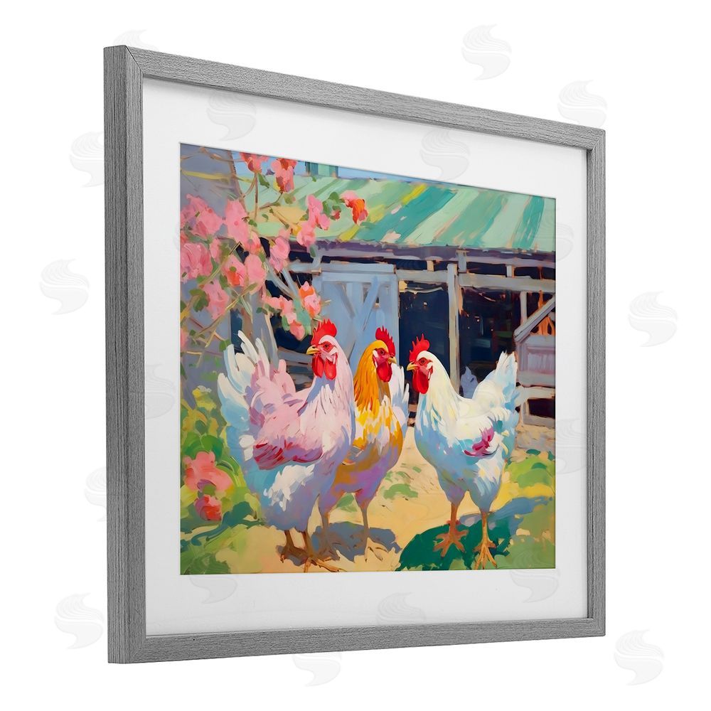 Creative Studio Colorful Chickens in Sunlit Yard Gray Framed Print Under Glass Wall Art
