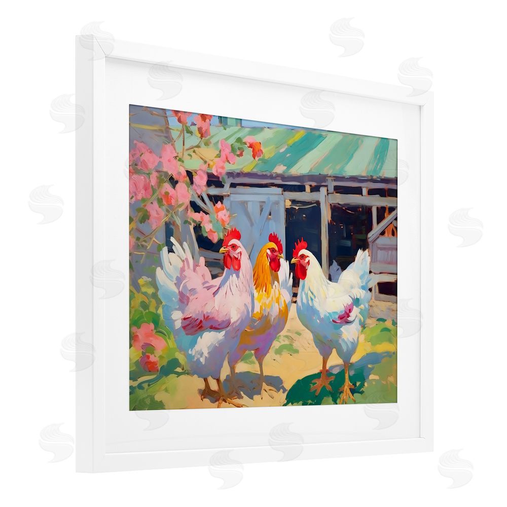 Creative Studio Colorful Chickens in Sunlit Yard White Framed Print Under Glass Wall Art