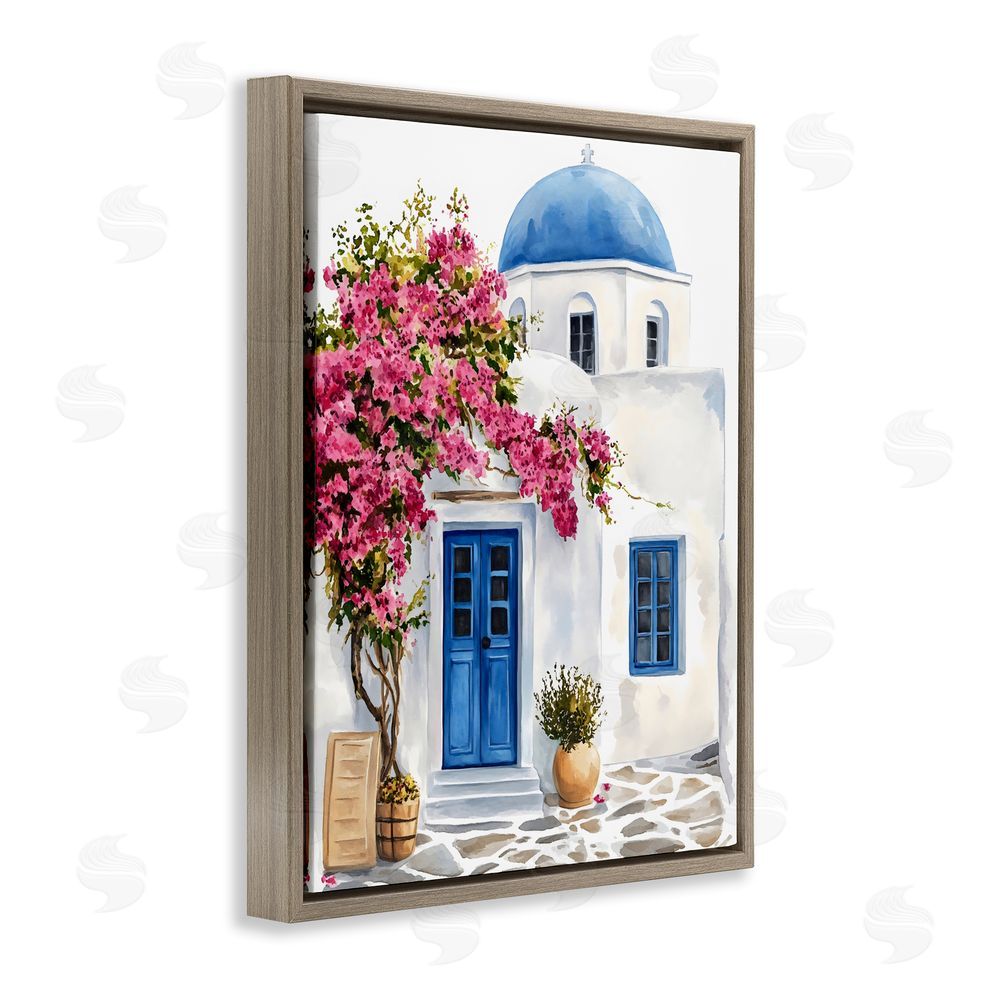 LSR Design Studio Santorini House with Bougainvillea Brown Floating Framed Canvas Wall Art Print