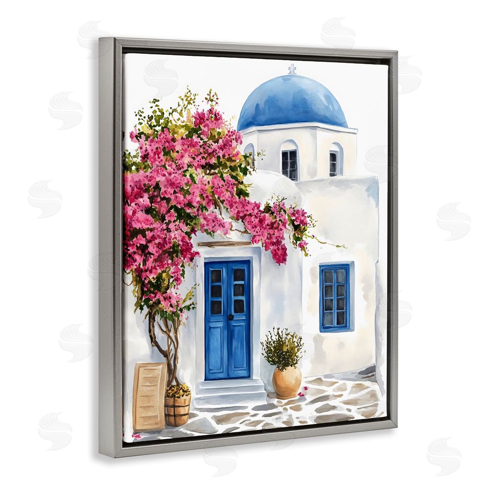 LSR Design Studio Santorini House with Bougainvillea Gray Floating Framed Canvas Wall Art Print