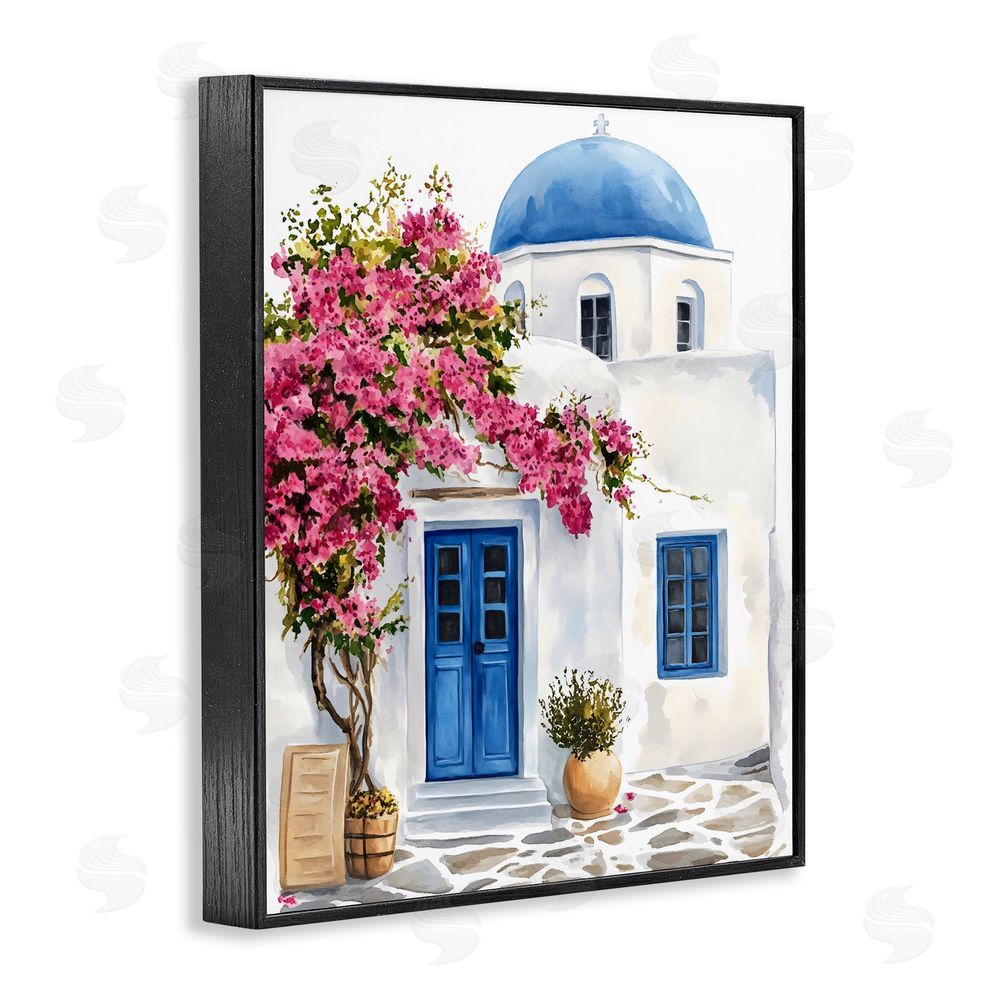 LSR Design Studio Santorini House with Bougainvillea Black Framed Giclee Wall Art Print
