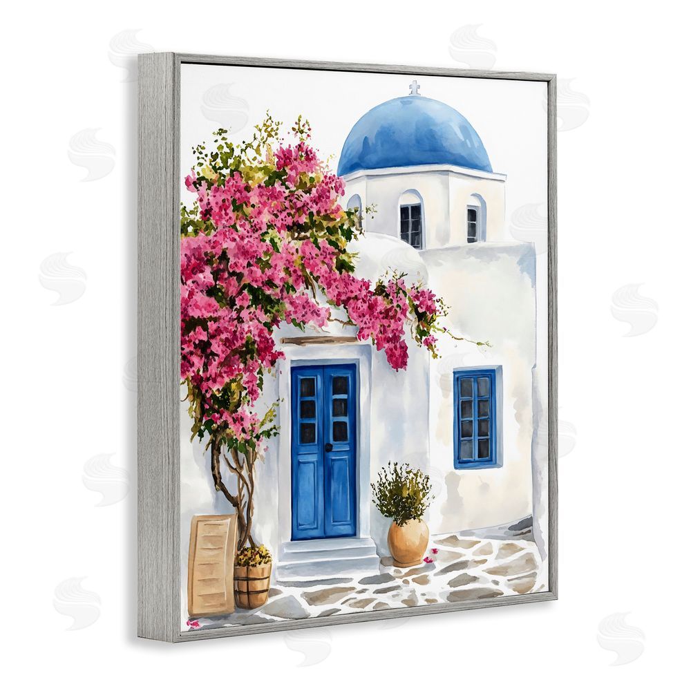 LSR Design Studio Santorini House with Bougainvillea Gray Framed Giclee Wall Art Print