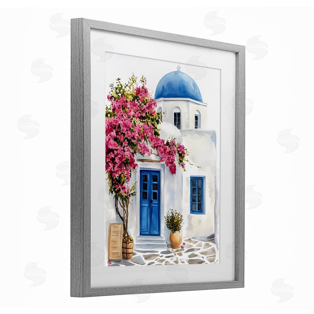 LSR Design Studio Santorini House with Bougainvillea Gray Framed Print Under Glass with White Mat Wall Art