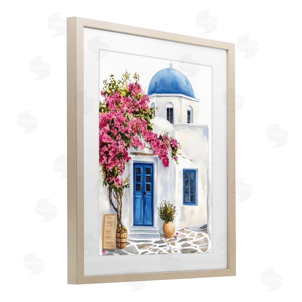 LSR Design Studio Santorini House with Bougainvillea Brown Framed Print Under Glass with White Mat Wall Art