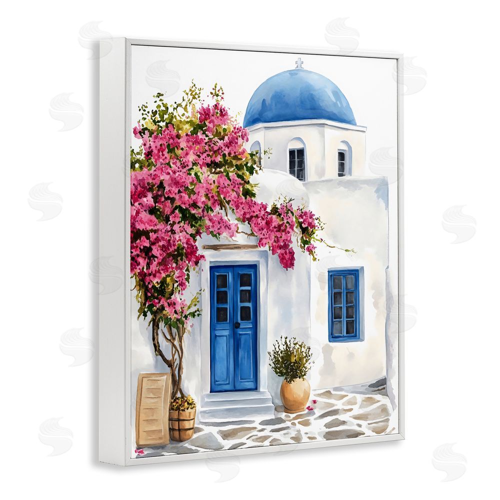 LSR Design Studio Santorini House with Bougainvillea White Framed Giclee Wall Art Print