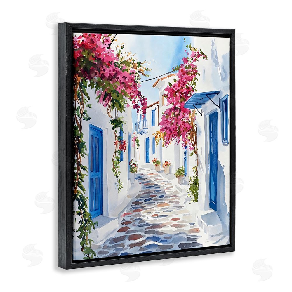 LSR Design Studio Santorini Stone Street Pathway Black Floating Framed Canvas Wall Art Print