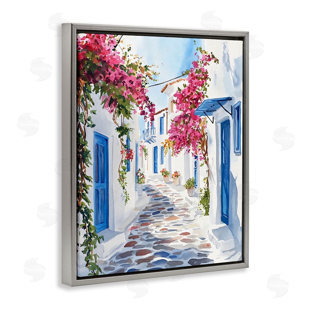 LSR Design Studio Santorini Stone Street Pathway Gray Floating Framed Canvas Wall Art Print