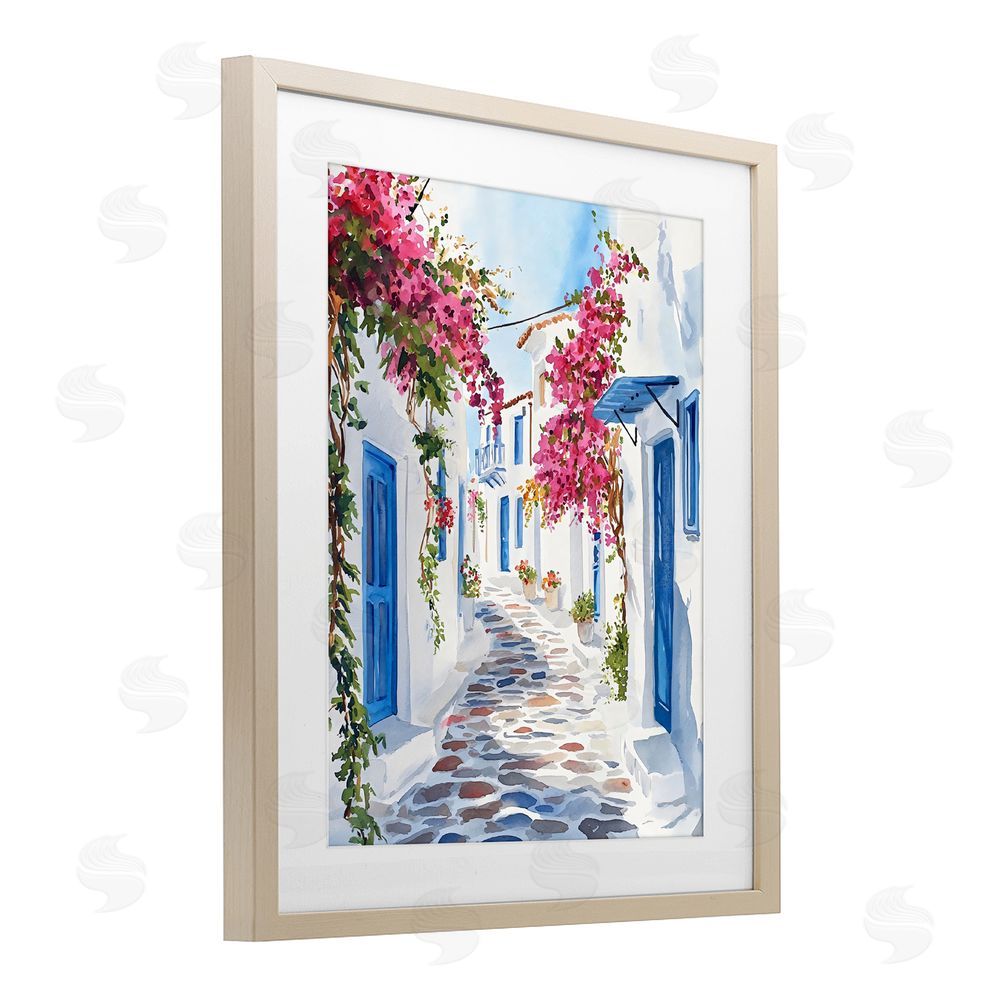 LSR Design Studio Santorini Stone Street Pathway Brown Framed Print Under Glass with White Mat Wall Art