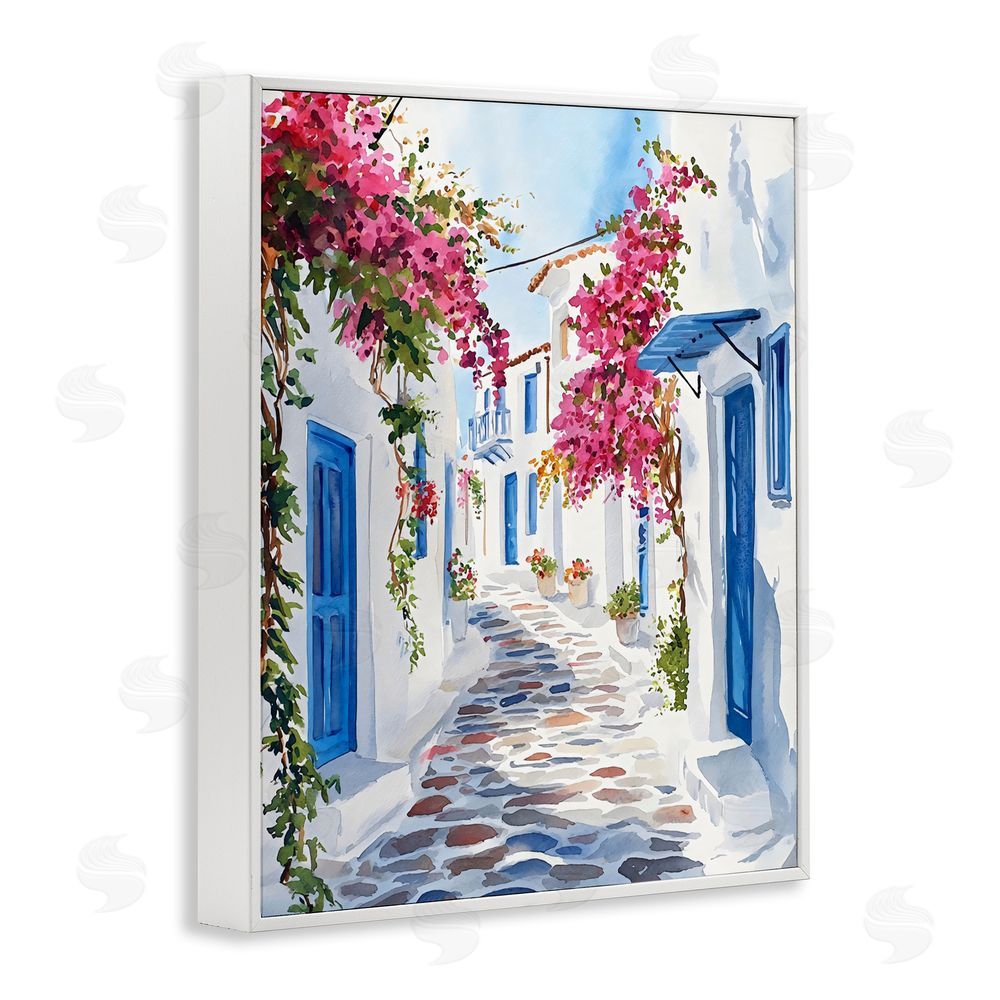 LSR Design Studio Santorini Stone Street Pathway White Framed Giclee Wall Art Print
