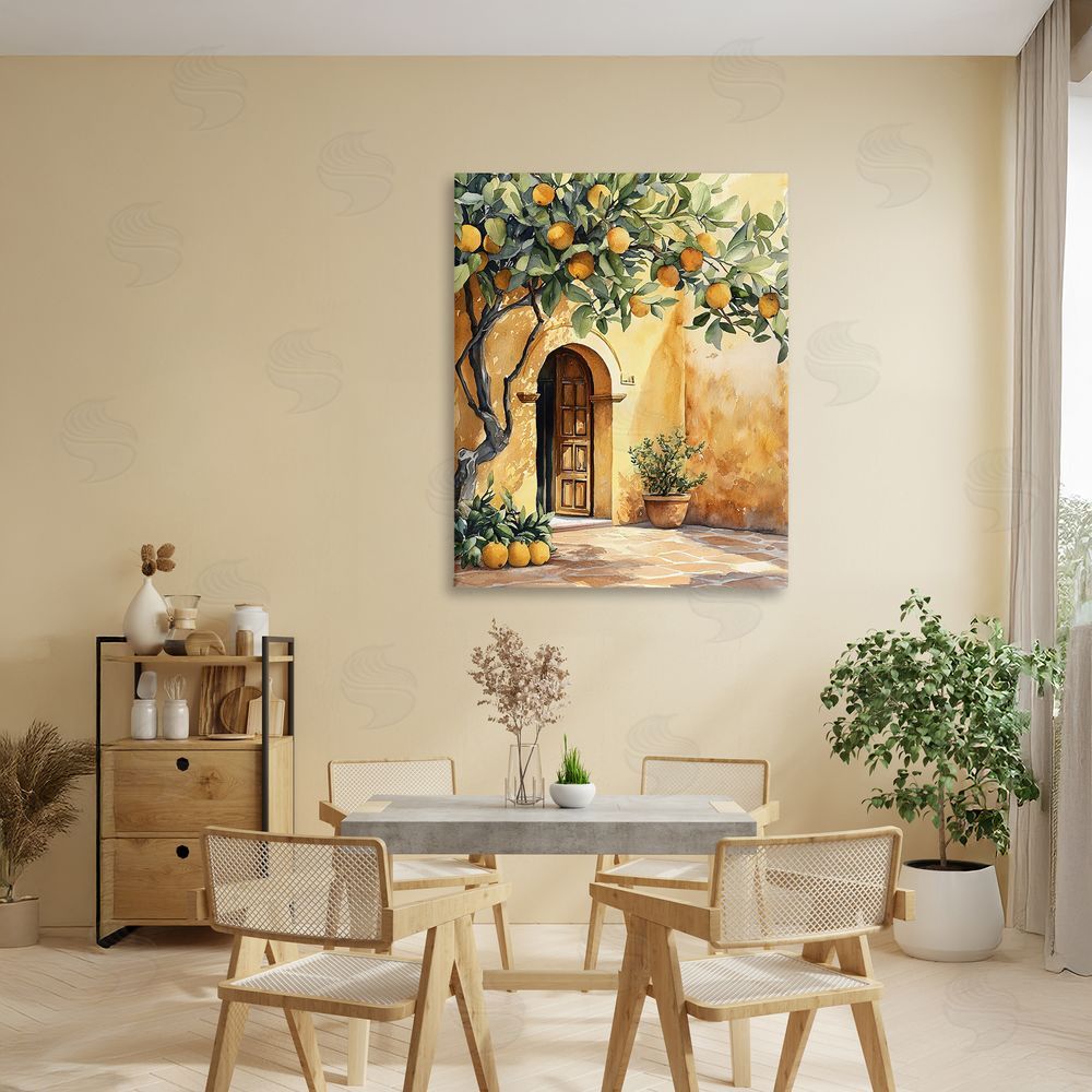 LSR Design Studio Mediterranean Courtyard Lemon Tree Stretched Canvas Wall Art in Room