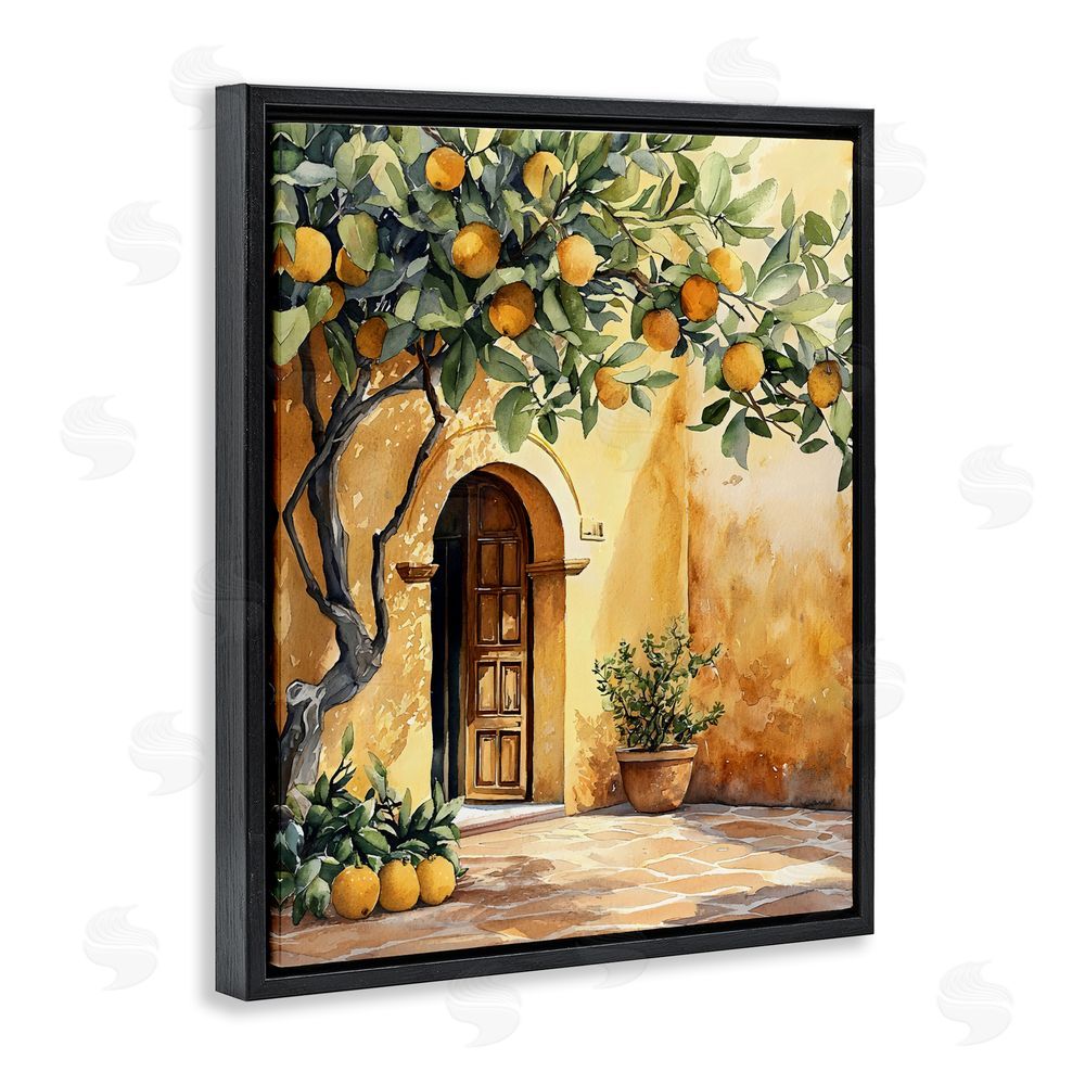 LSR Design Studio Mediterranean Courtyard Lemon Tree Black Floating Framed Canvas Wall Art