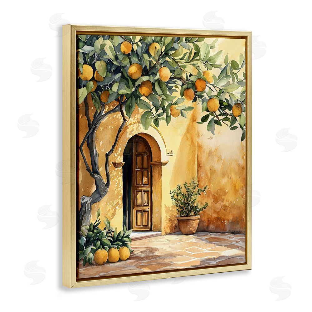 LSR Design Studio Mediterranean Courtyard Lemon Tree Gold Floating Framed Canvas Wall Art