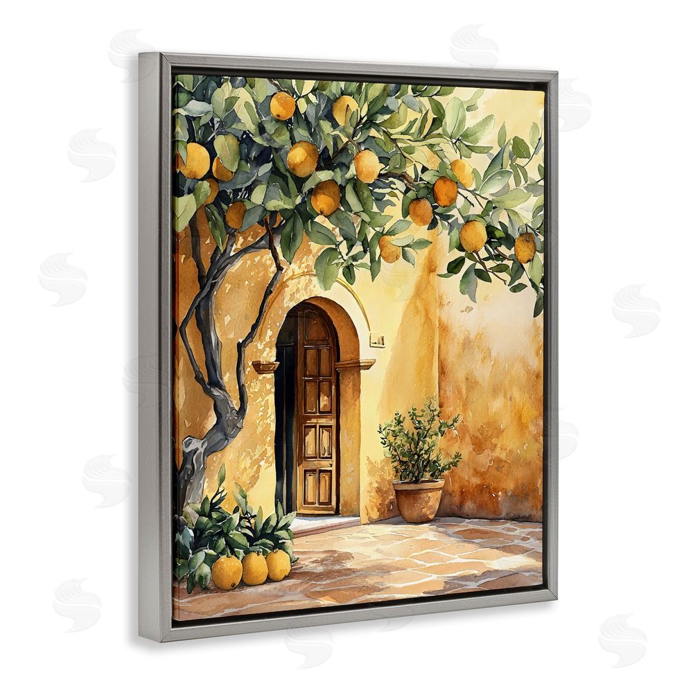 LSR Design Studio Mediterranean Courtyard Lemon Tree Gray Floating Framed Canvas Wall Art
