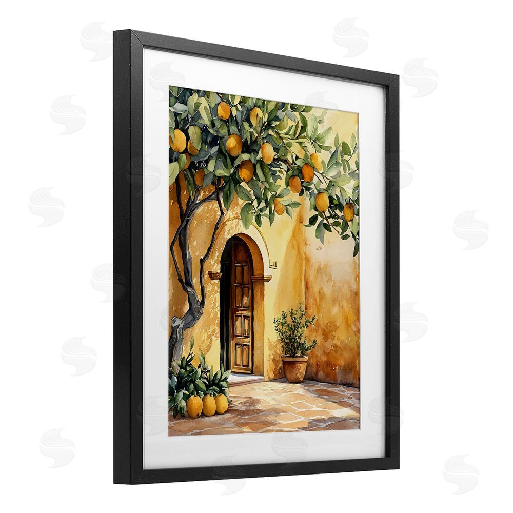 LSR Design Studio Mediterranean Courtyard Lemon Tree Black Framed Print Under Glass Wall Art