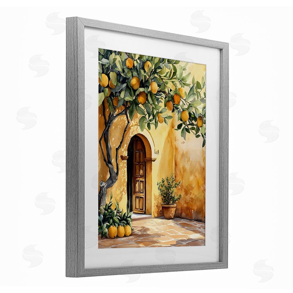 LSR Design Studio Mediterranean Courtyard Lemon Tree Gray Framed Print Under Glass Wall Art