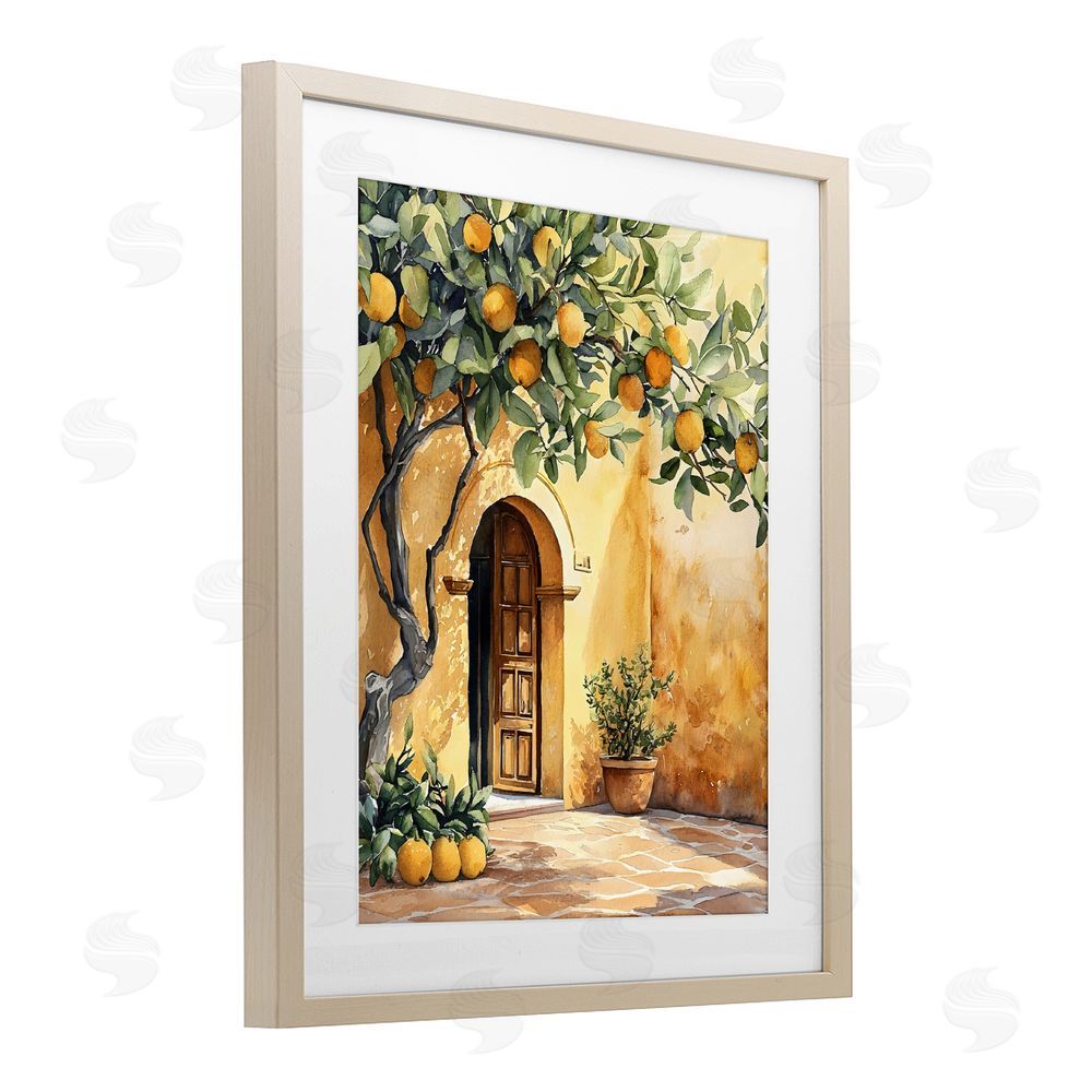 LSR Design Studio Mediterranean Courtyard Lemon Tree Brown Framed Print Under Glass Wall Art
