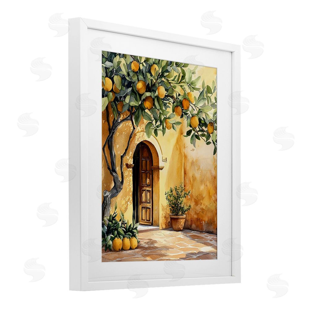 LSR Design Studio Mediterranean Courtyard Lemon Tree White Framed Print Under Glass Wall Art