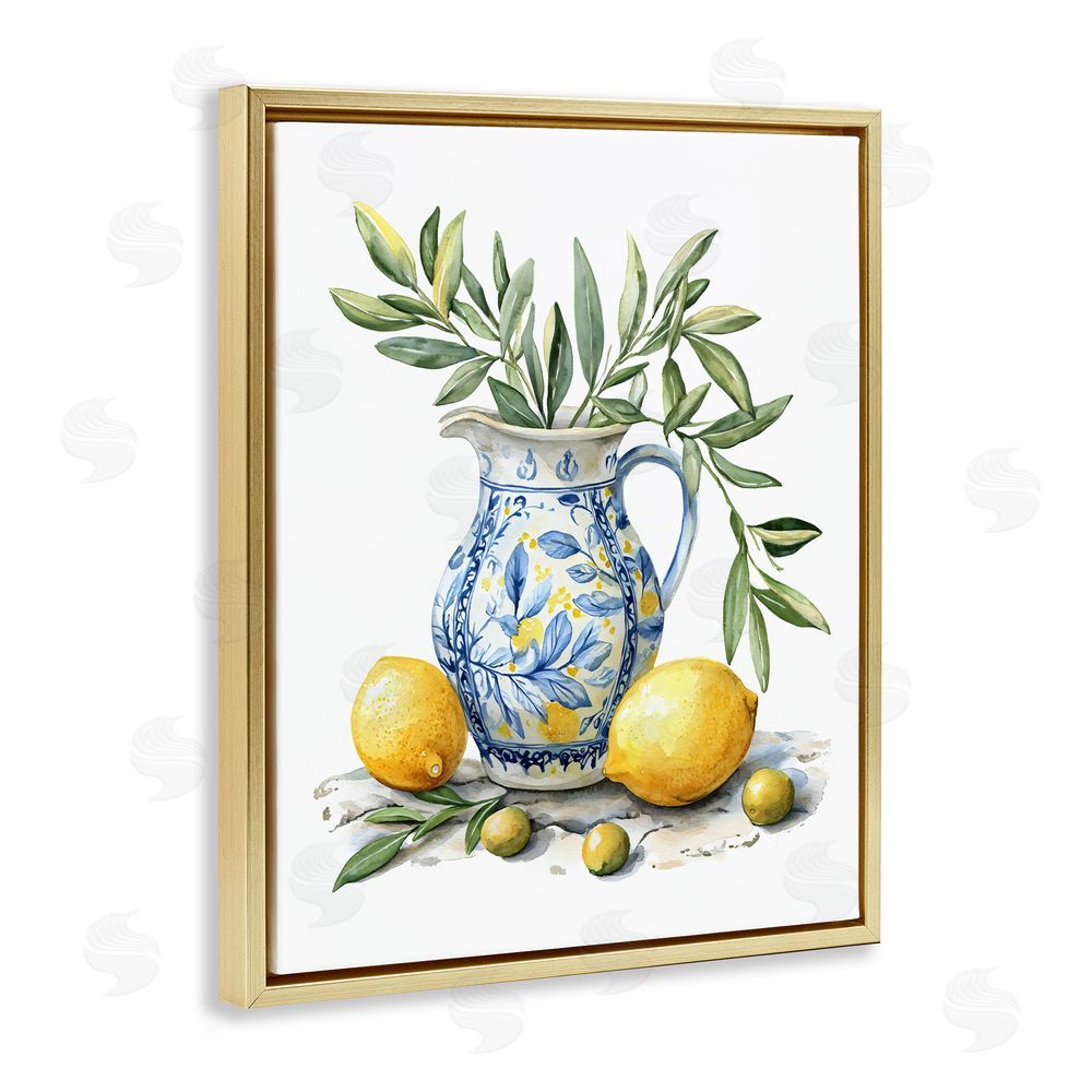 LSR Design Studio Lemon & Olive Branch Still Life Gold Floating Framed Canvas Wall Art