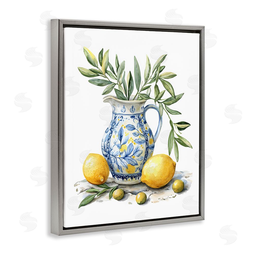 LSR Design Studio Lemon & Olive Branch Still Life Gray Floating Framed Canvas Wall Art