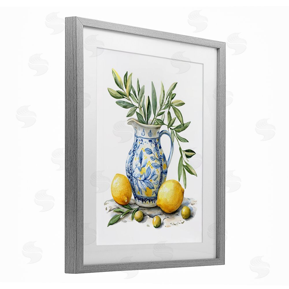 LSR Design Studio Lemon & Olive Branch Still Life Gray Framed Print Under Glass Wall Art
