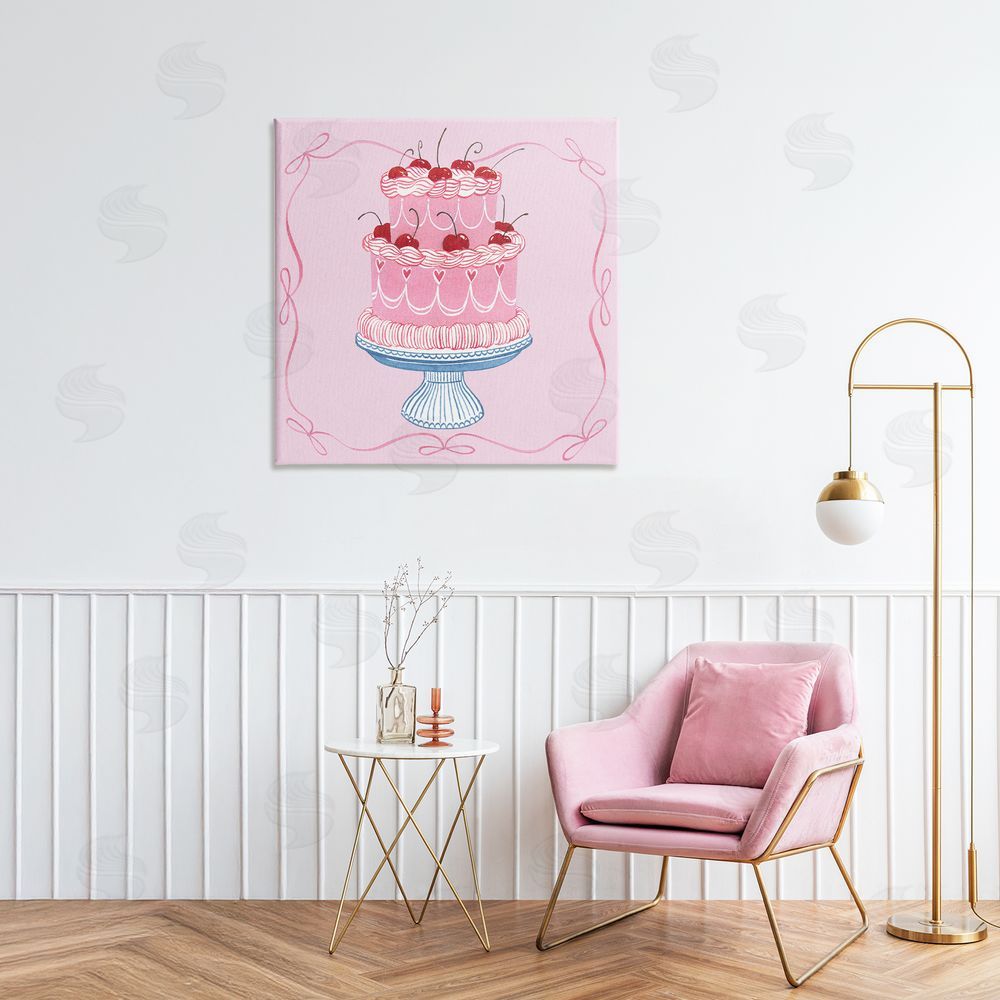 Grace Popp Romantic Pink Cherry Cake Stretched Canvas Wall Art Print in Room