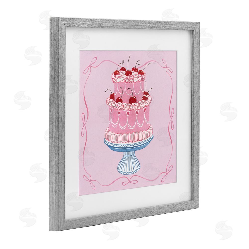 Grace Popp Romantic Pink Cherry Cake Gray Framed Print Under Glass Wall Art