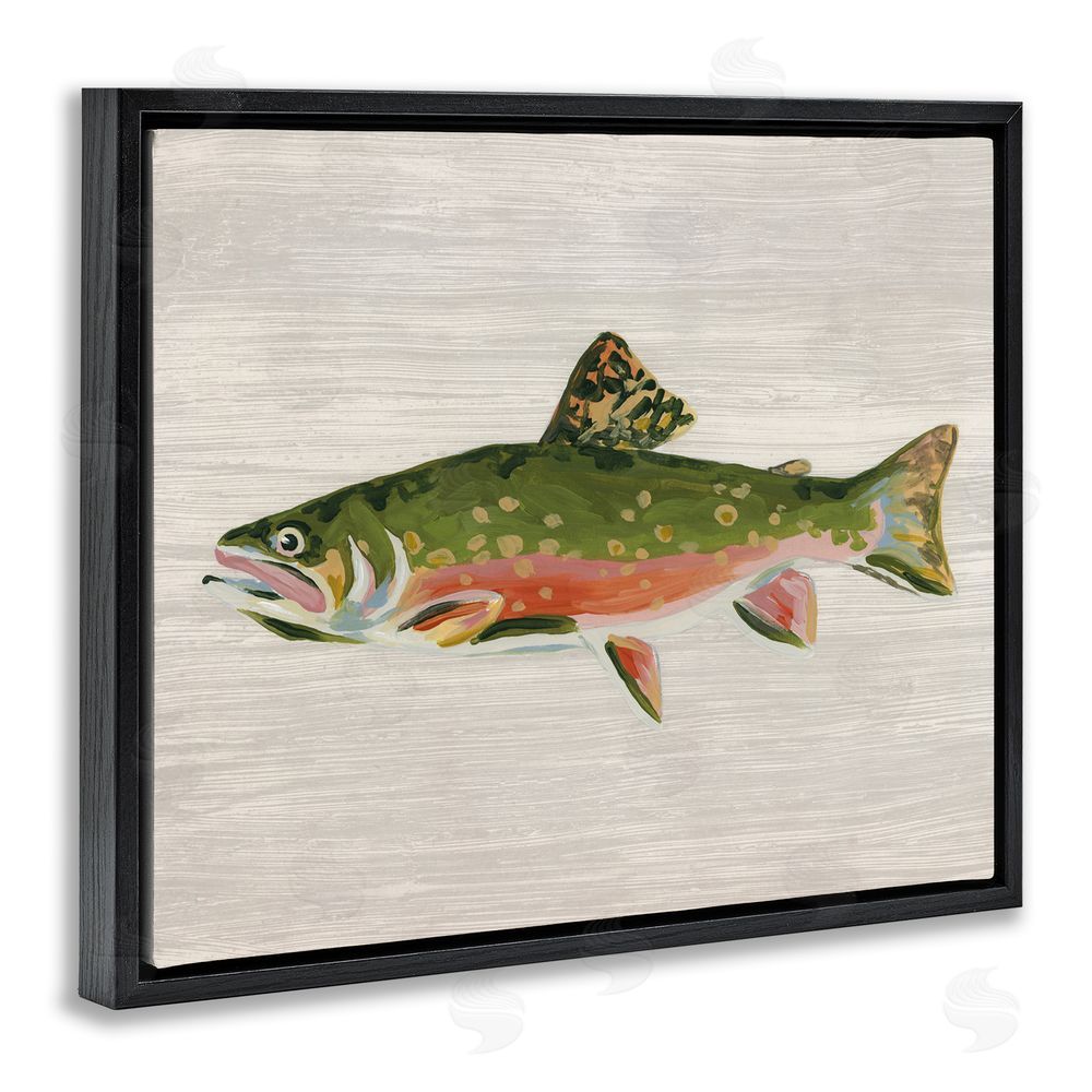 June Erica Vess Brook Trout Rustic Fish Black Floating Frame Canvas Wall Art Print