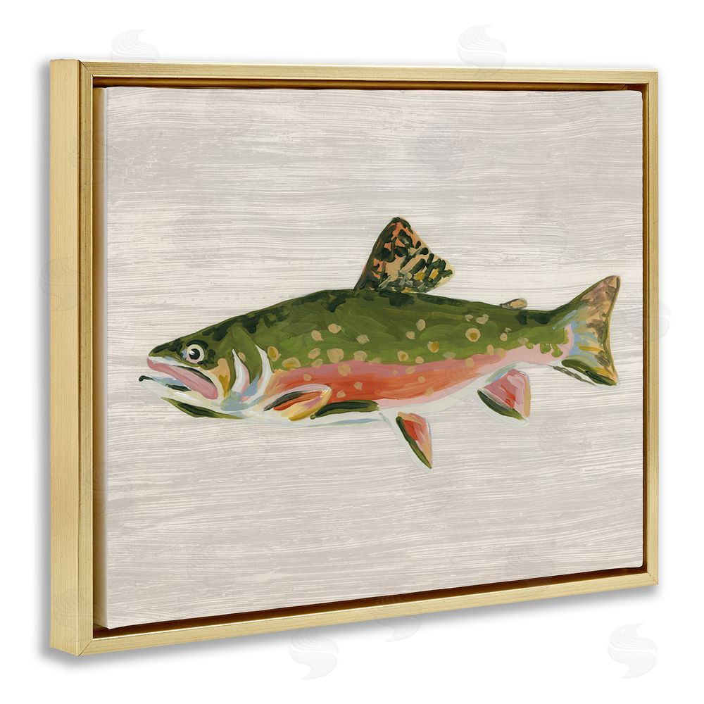 June Erica Vess Brook Trout Rustic Fish Gold Floating Frame Canvas Wall Art Print