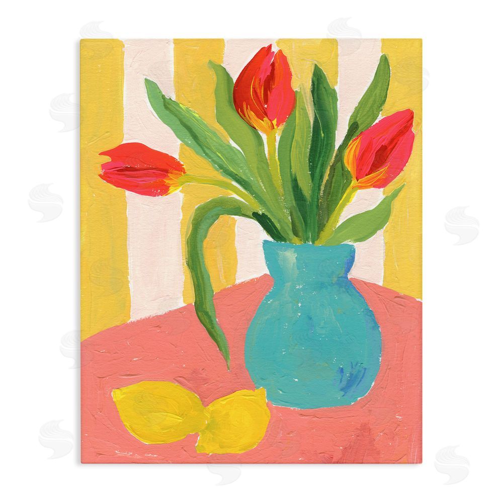 Victoria Barnes Bright Tulips in Blue Vase Stretched Canvas Wall Art Print
