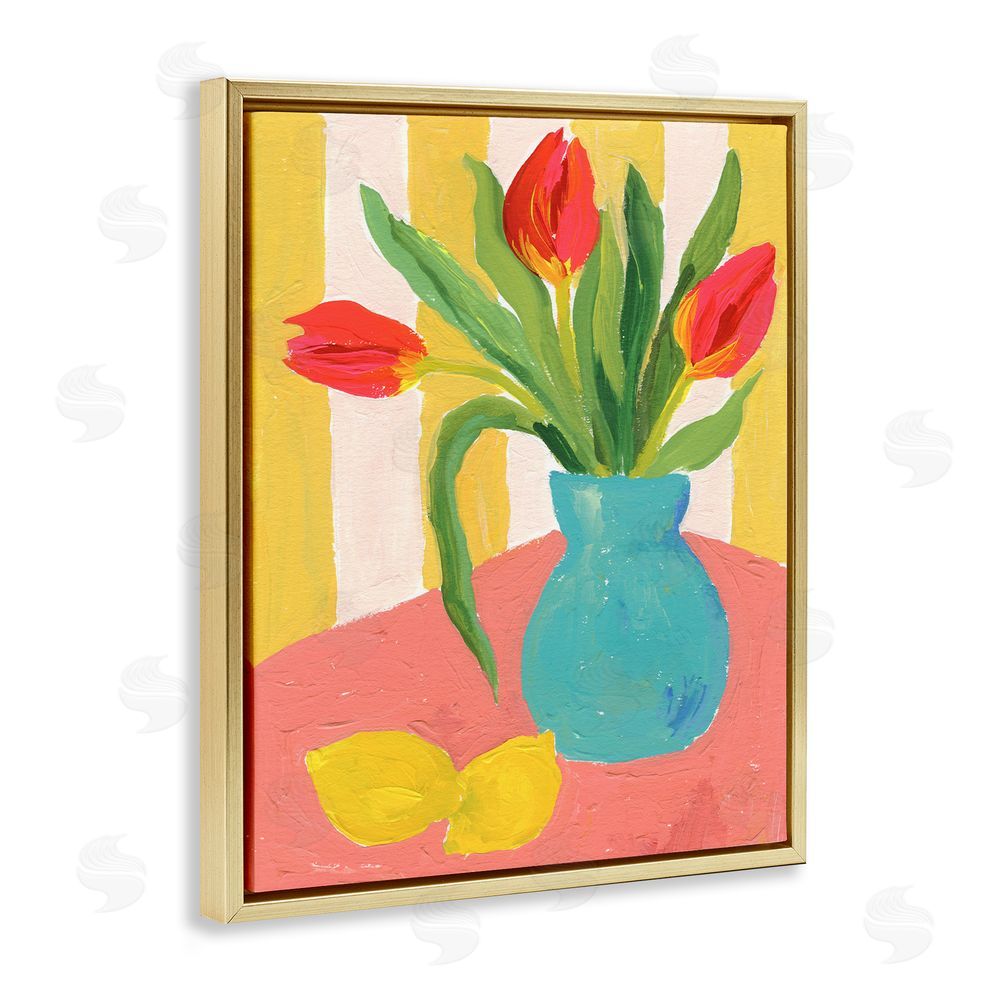 Victoria Barnes Bright Tulips in Blue Vase Gold Floating Frame Canvas Wall Art Print